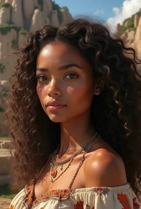  I want you to create a very realistic Malagasy woman profile photo for me,  fair complexion , long face ,  curly smooth hair . In the background please give me a known heritage of Madagascar 