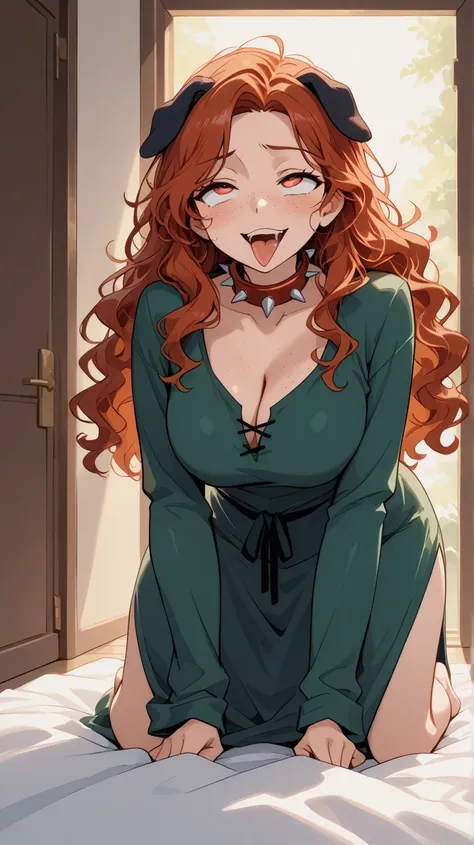 Woman in a player's room , closed mouth ,Alone , 1 girl, breasts,  wry smile, black dog ears,   spiked necklace ,  red collar , Ahegao Face, red eyes,  Tongue out, MeridaXLP, freckles,cleavage, wavy hair, full front shoot, Wearing a green robe set,  long l...