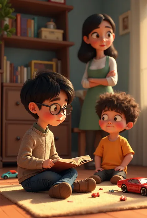 "A young boy with short dark hair, wearing glasses and a sweater, sits on the floor reading a book, looking focused and introverted. Nearby, another boy, slightly younger, with messy brown hair and wearing a bright t-shirt, is playing loudly with toy cars,...