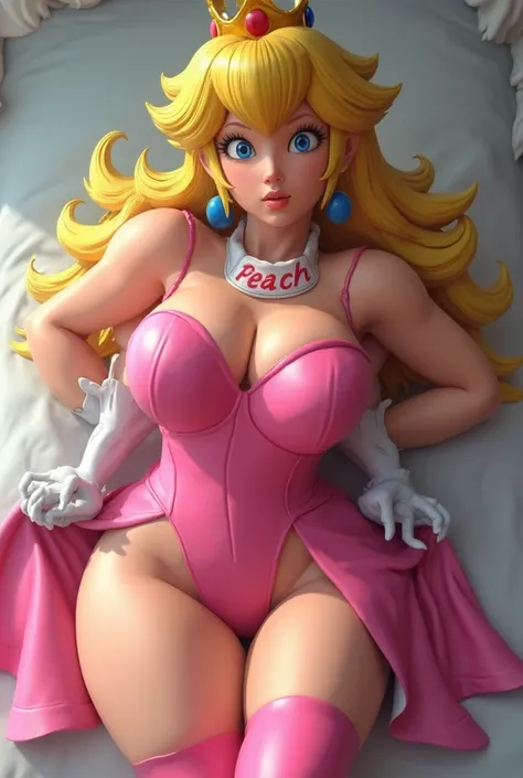 Peach, (best quality), (masterpiece), 1 girl, early 20's, huge heavy breasts, busty, perky breasts, thick, thick lips, wide hips, thin waist, princess Peach, blue eyes, blond hair, gold crown, pink dress, skirt, white gloves; score_9, score_8_up, score_7_u...