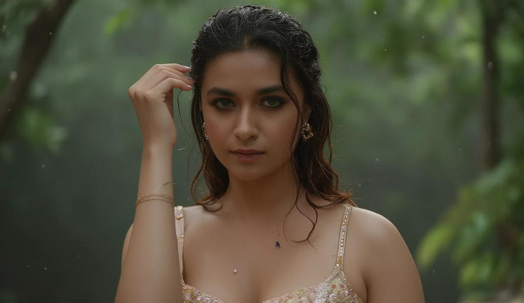  Beautiful cute wet tamanna bhatia, with thick thighs and a curvy waist,  wearing a beautiful Indian dress, ((low waist)), ((wet silky hair)), ((wet hair)), ((loose wet hair)), (( beautiful Indian dress)) , bindi on forehead, highly detailed, depth of fiel...