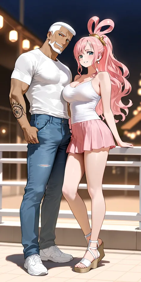 mature male, tall and big, muscular, tattoos, white crew cut hair, dark brown skin, white singlet, denim shorts pants, smile face, standing on left side, Masterpiece, elegant mature woman, shirahoshi\(one piece\), high ponytail long pink hair, tall body, w...