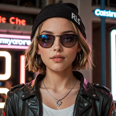 Face close up, alternative girl, watching over black sunglasses, jacket, necklace, neon light reflections on skin, ear ring, makeup, skin imperfection, short hair, beanie, neon lights background, low light, depth of field, highly detailed, high contrast, f...