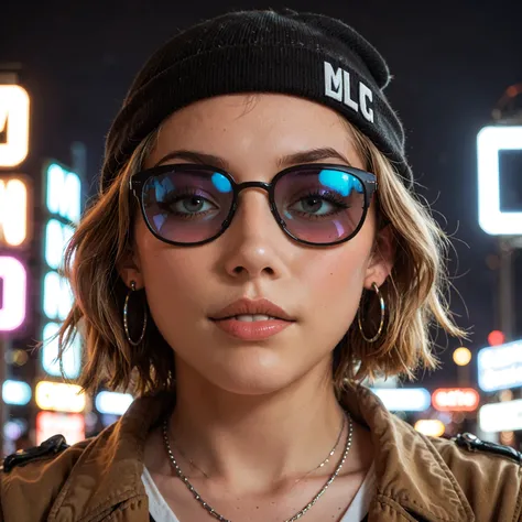 Face close up, alternative girl, watching over black sunglasses, jacket, necklace, neon light reflections on skin, ear ring, makeup, skin imperfection, short hair, beanie, neon lights background, low light, depth of field, highly detailed, high contrast, f...