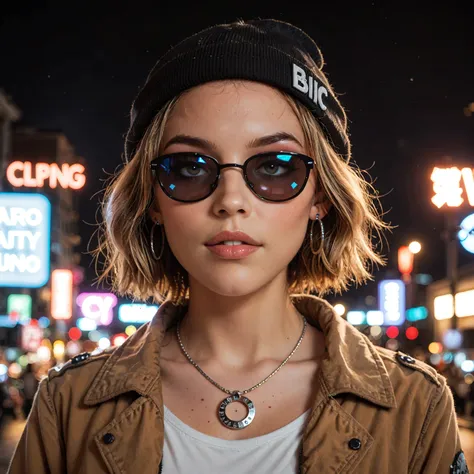 Face close up, alternative girl, watching over black sunglasses, jacket, necklace, neon light reflections on skin, ear ring, makeup, skin imperfection, short hair, beanie, neon lights background, low light, depth of field, highly detailed, high contrast, f...