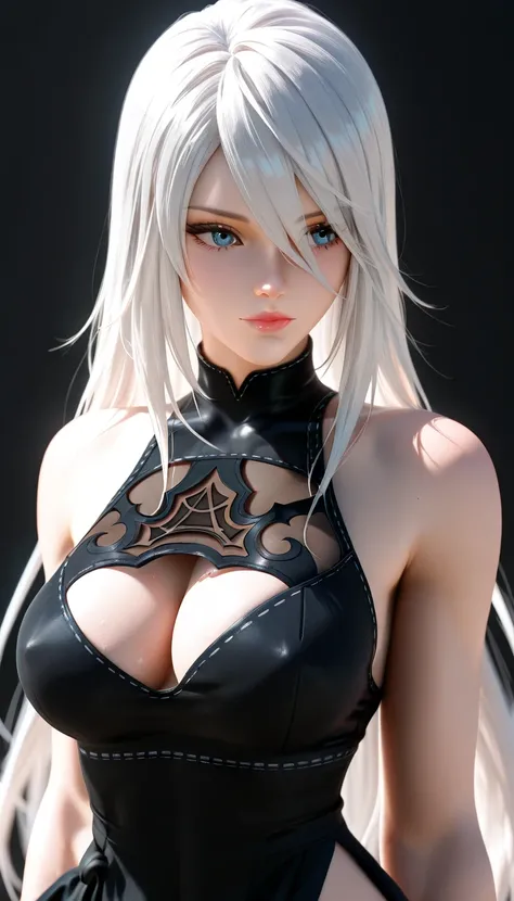 masterpiece, best quality, amazing quality, 1girl, A2, NieR:Automata, blue eyes, white hair, long hair, black dress, beautiful legs, white legs, close up shot, simple background, medium size boobs, sexy pose, realistic light, realistic shadow, high quality...