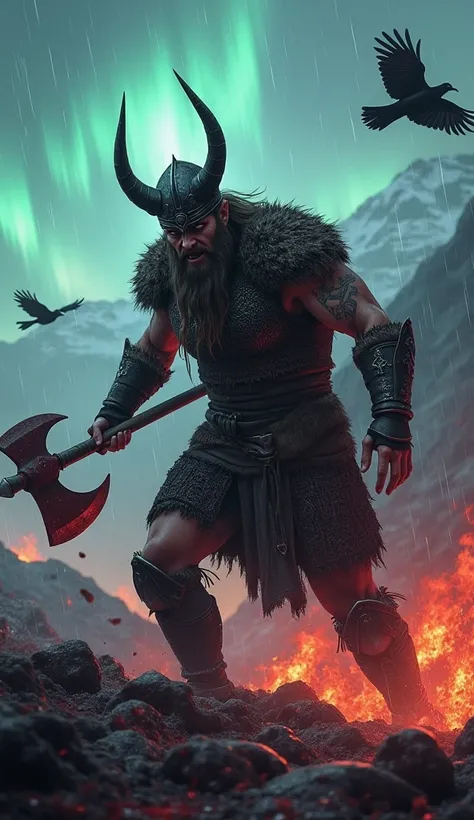 " Epic digital painting :  a Viking wearing a horned helmet and chain mail ,  with a bloody ax ,  fights on the battlefield in the rain . his face is distorted with rage,  body covered in runic tattoos , and behind him is a drakkar ,  in flames . backgroun...