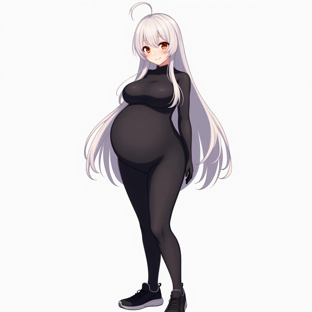 anime girl, long hair, orange eyes,anime style, white hair, smile,large breasts ,big pregnant belly, big hyper-pregnant, hyper-large breasts, big pregnant , multiple pregnancy, ,Tight black Jumpsuit,black thin gloves,long black sneakers,He stands tall,aver...