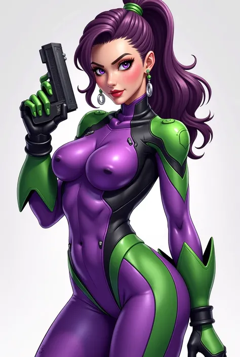 anime - style woman in purple and green latex suit posing for camera, extremely detailed artgerm, from overwatch, lucio as a woman, sfw version, thicc, style artgerm, android heroine, moira from overwatch, villain pose, hot reptile humanoid woman, sombra f...