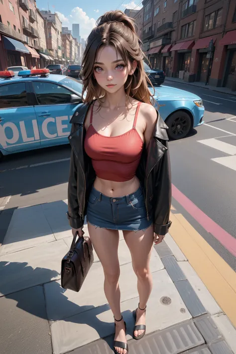 pretty woman, standing posed, in front of policecar, bag on car hood, BREAK, (long hair, half updo, black hair, brown streaked hair,brown hilighted hair, brown ombre, 2 colored tone hair), BREAK, ((black leather jacket), (undershirt: pastel-red crop camiso...