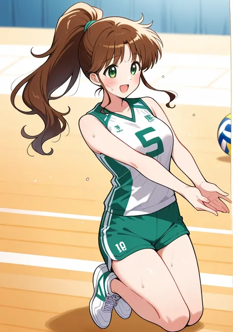 obra maestra, mejor calidad, 1 girl, solo LONg hair, Brown hair, green eyes, ponytail hairstyle, hair accessory, medium boobs, Kino Makoto, volleyball outfit, volley ball, bare shoulders, volleyball court background, white top, green shorts, smile, open mo...