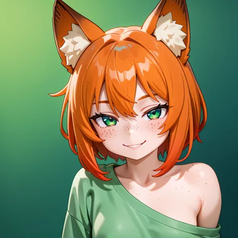 shoulder up shot, face, cute girl, naughty smile, perverted expression, looking at viewer, fox ears, freckles, orange hair, green color background, no clothes, anime