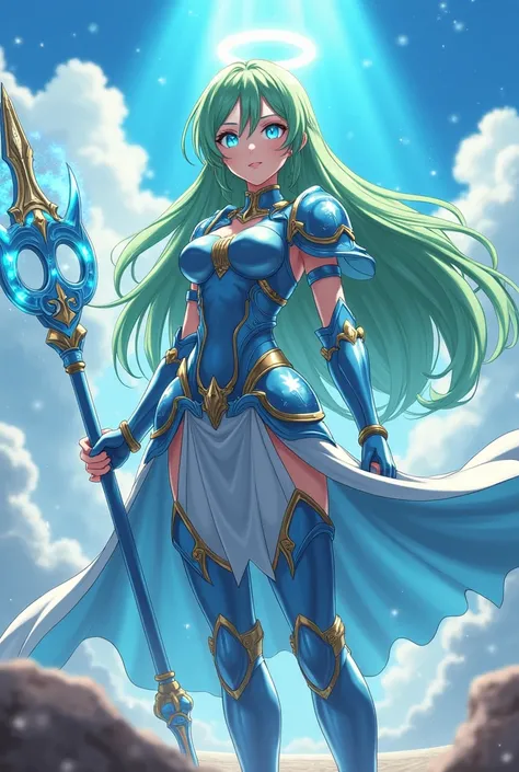  "4K anime style quality, digital drawing mode, celestial-themed anime female character, long flowing green hair with a halo effect, bright blue eyes that radiate warmth, wearing glowing blue armor with golden accents and holding a radiant axe, standing on...