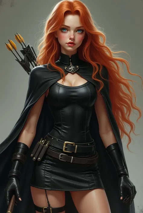 beautiful girl with long wavy reddish blonde hair,  light blue eyes,  with freckles and a mini black leather skirt , black fitted sleeveless top , black cape , Elbow-length black gloves, Black tactical boots , bow and arrow ,  Belt with multiple knives ,Kn...