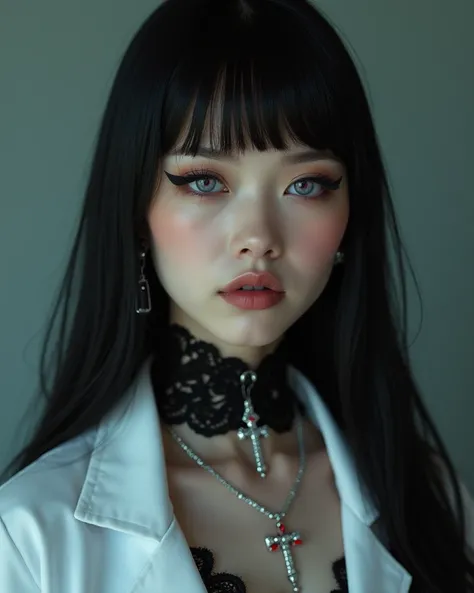 High Resolution, Looking at viewer, Cinematic, Hyperrealism, of a breathtakingly ethereal 19 year old woman doctor with an intense, almost haunting beauty. She has a heart-shaped face with high, sculpted cheekbones, a softly pointed chin, and flawless, por...