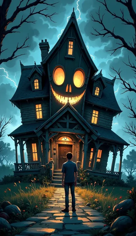 a cartoon haunted house shot from a low angle using wide angle lens, making it look stretched and distorted taller and larger. the house facade where its windows, doors, and other features form an evil smiling face. in front of the house, stand a man. the ...