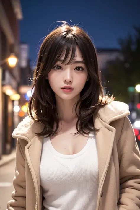 Central city with nature、shearling jacket	ムートンジャケット、（Big Breasts:1:3）、Well-clothed 、white white　Tunic、Medium hair tie、 shiny hair、 Natural beauty 、  high quality ,   high detail,   high quality model , 最  high quality , Over the Midnight 