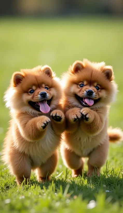 Two caramel chow-chow puppies with soft, fluffy fur are dancing and jumping with joy. Their front paws ('hands') are intertwined, as if they are holding hands while having fun together. The first puppy has big, expressive eyes, and the second one is in an ...