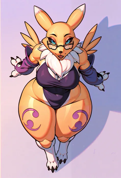 masterpiece, best quality, Renamon, wide hips, thick thighs, open mouth,, glasses, from above