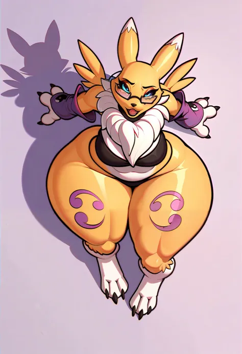 masterpiece, best quality, Renamon, wide hips, thick thighs, open mouth,, glasses, from above