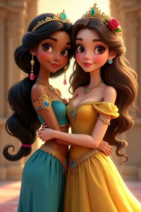  Create an image I will give you a description of two versions inspired by the princesses Yasmine and Belle :

1.  The princess inspired by Jasmine :  is a charming young woman with warm olive skin, long and dark hair, hanging over her shoulders in a plait...