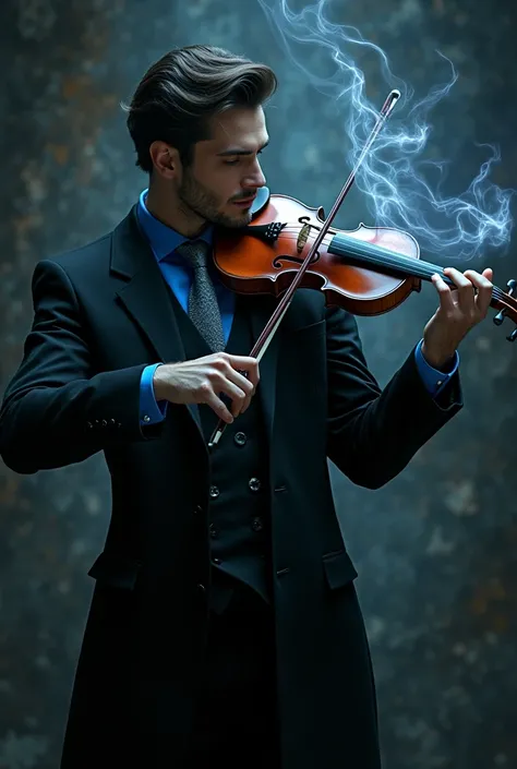 Handsome man dressed in an elegant black suit wearing a blue shirt and gray tie playing a violin and using dark magic