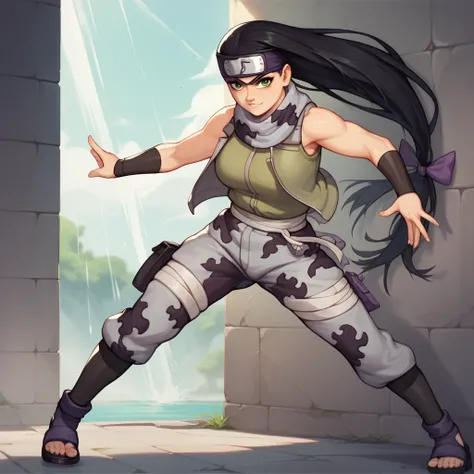  I want you to make me make an image of a woman with long black hair in a Kung Fu combat position in front of a wall in a torrential rain watching her On the side with these clothes 
The image shows a character wearing a ninja style outfit.  She wears a sl...