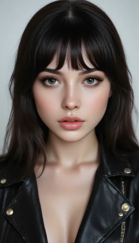 A young woman aged between 18 and 23 . She has fair skin, striking green eyes, and straight black hair with an asymmetrical fringe. Her hair red. athletic body, perky butt, paired with a black leather jacket featuring metallic details such as buttons or sp...