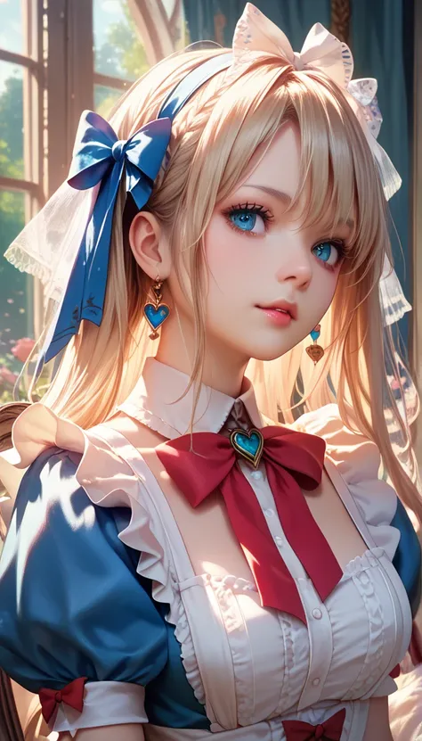  in the seat,   Masterpiece ,   top quality, 8k,  Detailed Skin Care , The texture of fine fabric  ,  Exquisite and beautiful face,   complicated details,   very detailed,    Alice in Wonderland, (Ribbons on Her Head :1.1),    upper body 