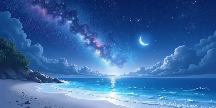 Design a fantasy-themed anime illustration of a mystical ocean under a starry night sky. The beach features white sand that glows softly with an ethereal luminescence, as if enchanted. The ocean sparkles with a magical glow, with faint trails of light foll...