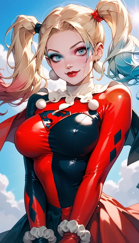 Supergirl and harley quinn red and black classic outfit,Large breasts,clothed,Lens Flare, Large breasts