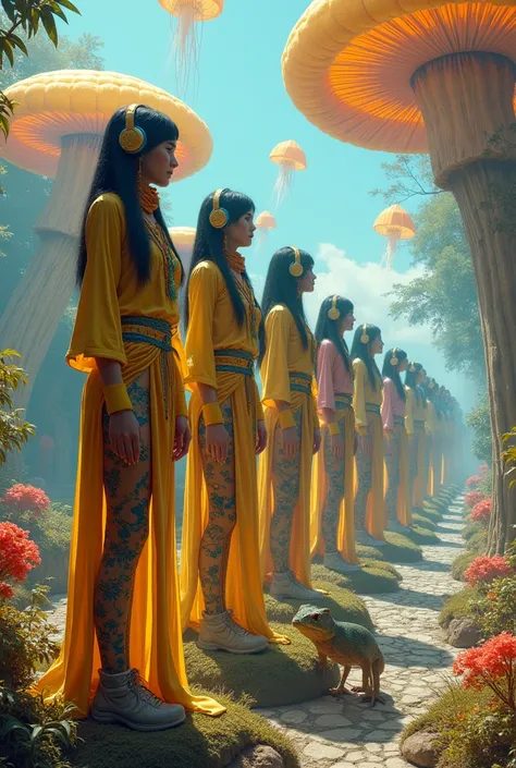 a line of surreal Egyptian priestess, tall, slim, long legs, leggings with nature fractal patterns, long yellow and light pink plaid blouse, futuristic knee-high boots, colorful Catalan scarf, futuristic headphones, standing on a giant mushroom plantation ...