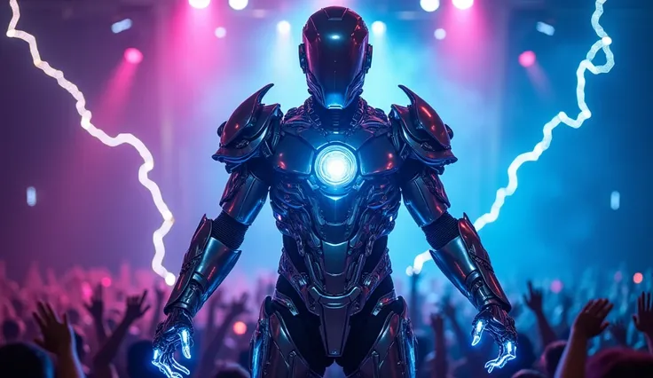 "The performer stands tall as their transformation reaches its peak—metallic cyber armor emerges from beneath their skin, forming an intricate, high-tech exoskeleton with pulsating neon accents. Their shoulders extend with futuristic plating, and a glowing...