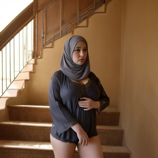 A short height young Muslim boy wearing shorts kissing the thighs of a 55 age tall Muslimah gorgeous lady with large firm tight breasts and slim curvy hourglass body. Boy standing on his knees and kissing her thick shaped thighs. She is wearing a Arabian A...