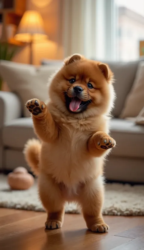 A single caramel chow-chow puppy with fluffy, thick fur is joyfully dancing on its hind legs. The puppy's paws are raised in the air as if it’s performing a playful twirl, with a big, happy expression on its face and its tongue sticking out. Its tail is wa...