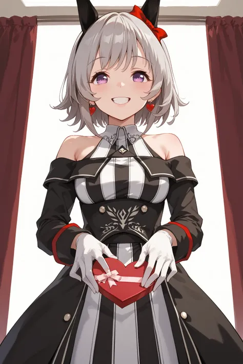 視聴者に Valentine's Day のチョコレートをわたす、 chocolate、smile、 Valentine's Day 、 Karen Chan、horse ear、 headband , earrings,  Grey Hair  ,    medium hair  ,    purple eyes,  Horsetail,r4ce,  OFF SHOULDER,  black dress ,  striped dress,  Long Sleeve,  white gloves,