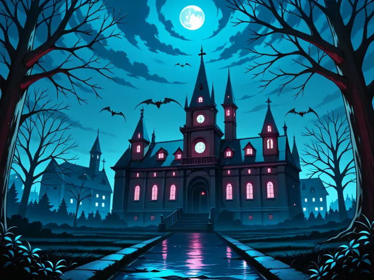 psychedelic, twisted,haunted mansion,night , flying bats, dead trees ,in the spirit of adams family, scenery, zoomed out, background, wallpaper image, 