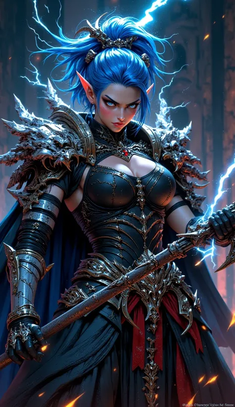 High Resolution, Details, White Woman, Blue Hair, Ponytail, Angry Look, Young Eyes, Serious, Demonic Armor, Holding a Lightning Spear 