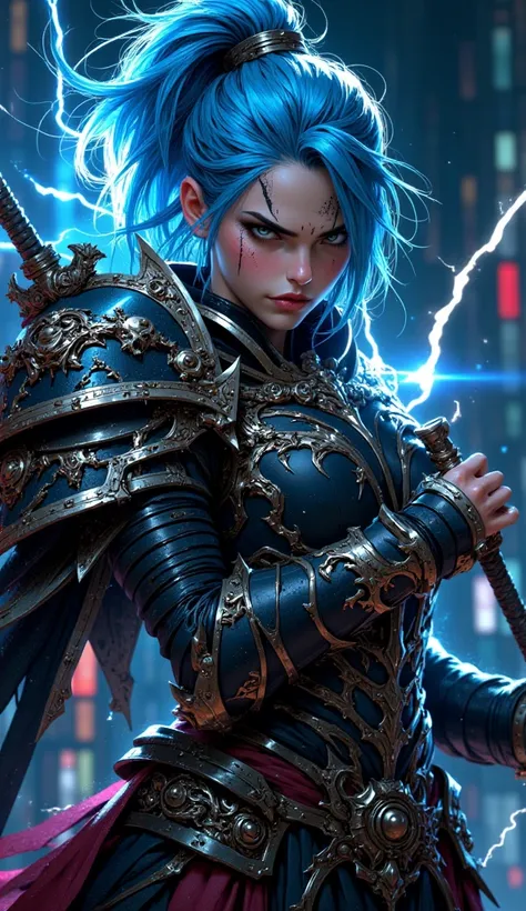 High Resolution, Details, White Woman, Blue Hair, Ponytail, Angry Look, Young Eyes, Serious, Demonic Armor, Holding a Lightning Spear 