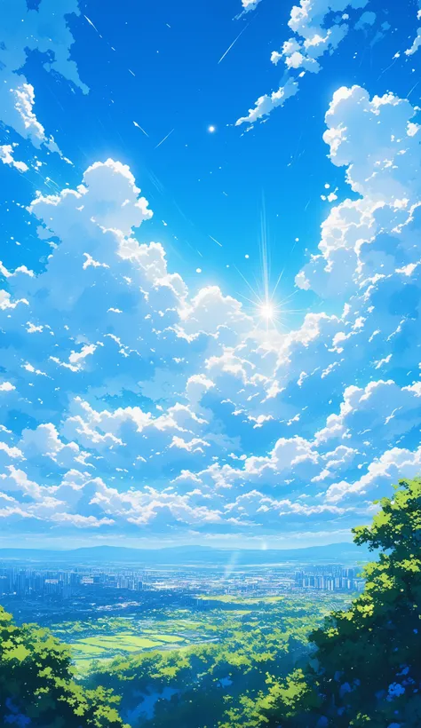 A breathtaking anime-style landscape with a vast, radiant blue sky filled with dramatic, fluffy white clouds. Sunlight streams through the clouds, creating luminous rays that illuminate the entire scene. Below, a sprawling cityscape is visible, shrouded in...