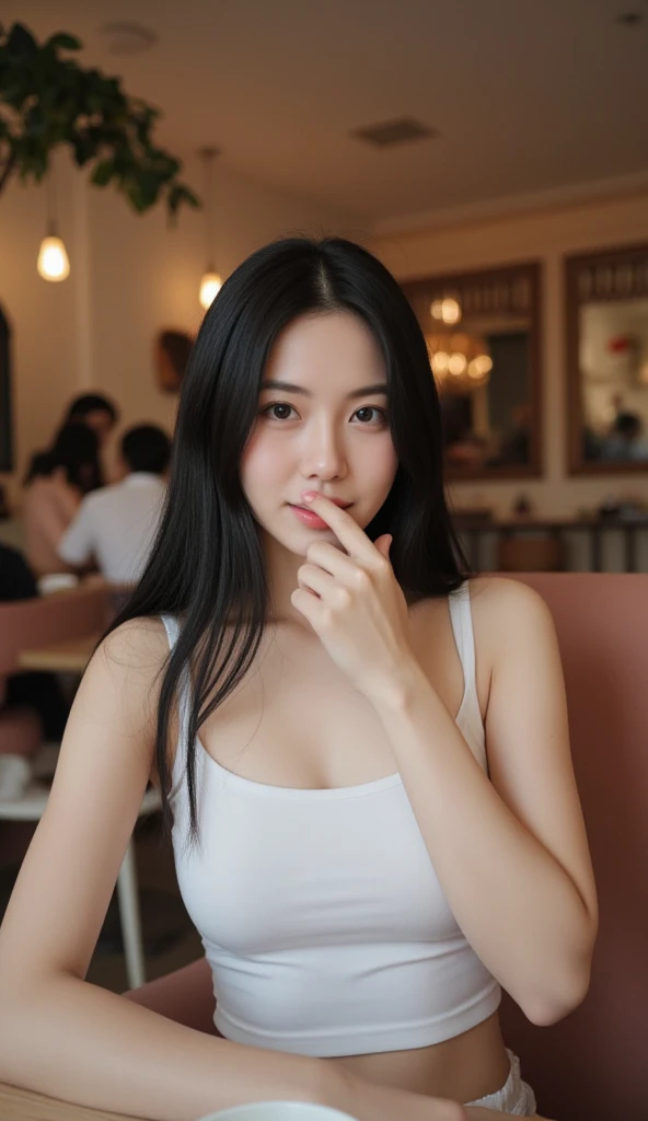 First person POV of a cozy cafe. The focus is on the woman sitting in cafe, looking at us with a soft smile. She has straight black hair long, and she’s wearing a white crop top, with the fingers slightly extended, is reaching towards her lips, ready to ge...