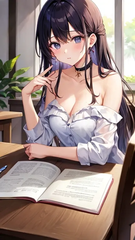 Beautiful girl studying、 shoulder out