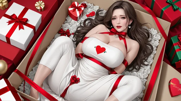 mature woman in huge gift box, fully clothed, white dress, bound with red ribbon, Valentine's Day gift card, 