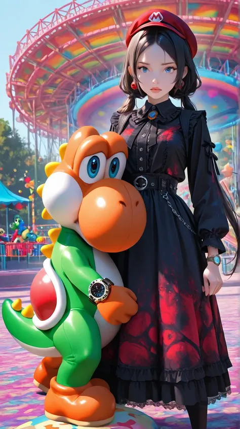  1 girl\(Long twin-tailed dark-haired ,  blue eyes,  gothic fashion,  colorful red hat with an " m " \( Super Mario\), ,  holds a giant stuffed Yoshi,  standing, Static Pose,  Watch Viewers \),  Semi Realistic,  theme park,  colorful, 