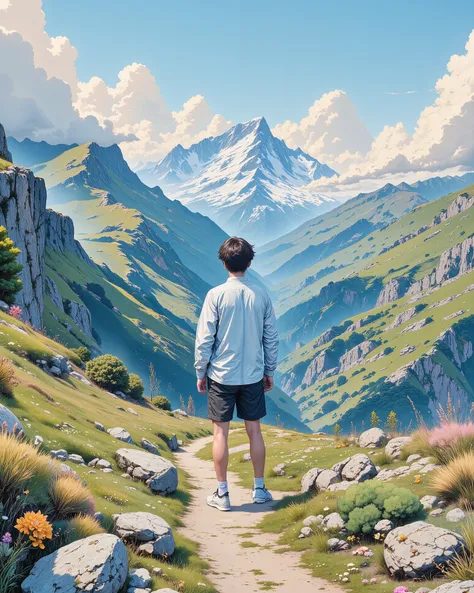 Create a serene and picturesque landscape scene on a clear, sunny day. In the foreground, a young man stands on a rugged mountain trail, wearing a white long-sleeved shirt, black shorts, and sneakers with white socks. He gazes thoughtfully into the distanc...