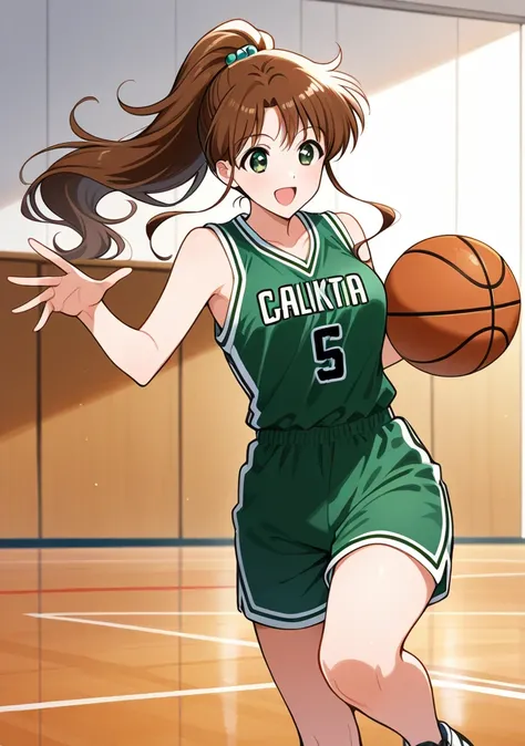 obra maestra, mejor calidad, 1 girl, solo LONg hair, Brown hair, green eyes, ponytail hairstyle, Kino Makoto, hair accessory, medium boobs, basketball outfit, holding basket ball, bare shoulders, basketball court background, green clothes, smile, open mout...