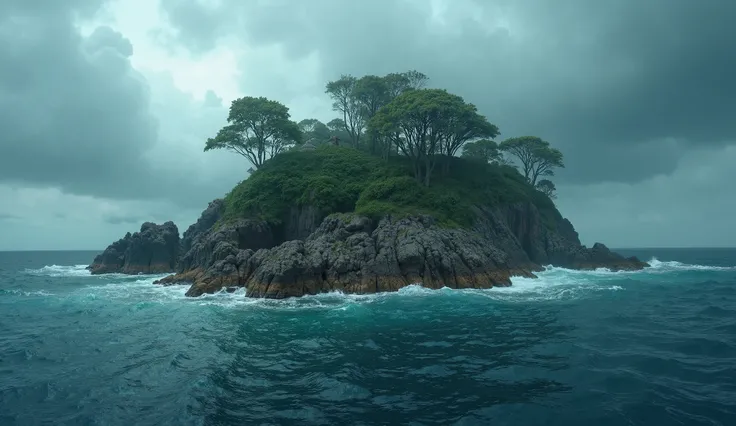 a highly detailed, realistic image of a equatorial island in the sea; day; the weather is stormy; the shore of the island is rocky; there are some trees on the island; creating a dreamy and mystical atmosphere, inspired by fantasy art, ultra-detailed, 4K r...