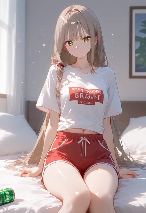 get up、 Stretching 、 bed、 lies down、Frustrated face、crinkly eyes、 so beautiful顔、 changing clothes、Tiny boobs can be seen through a loose white t-shirt、 plain shirt 、 shorts 、 beautiful view、 so beautiful横顔、 Tiny Breasts 、 Curved Beauty、 shiny hair、 light p...