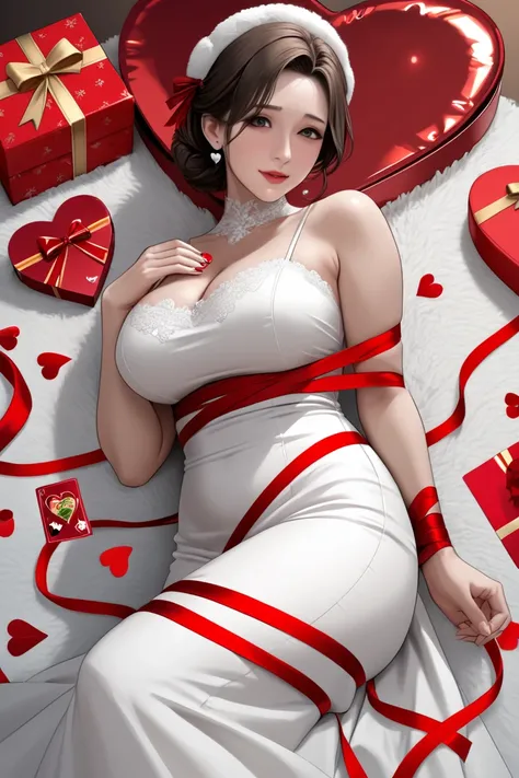 mature woman in huge gift box, fully clothed, white dress, bound with red ribbon, Valentine's Day gift card, 