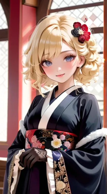  facing forward ,   S212  ,  blonde, Soft and loose curls,  black gloves,  Exquisite Costumes (高級 kimono( kimono(Detailed embroidery))), black lace gloves with ruffles, fur,  blonde, Soft and loose curls,  Elegant and Mysterious Vibes , Indoor Settings, Sm...